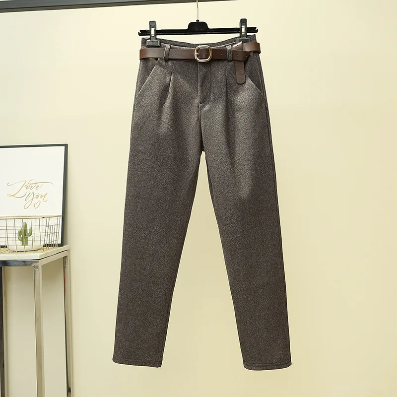 Модные шерстяные штаны, Осень-зима, женские брюки с высокой талией, Pantalon, женские, повседневные, женские, плотные, OL, костюм, брюки с поясом, WP123