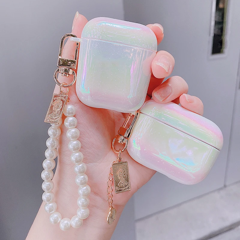 

New Cute Pearl Shell Keychain Water Drop Rainbow Hard Headphone Earphone Case for Airpods 1 2 Pro Wireless Headset Protect Cover