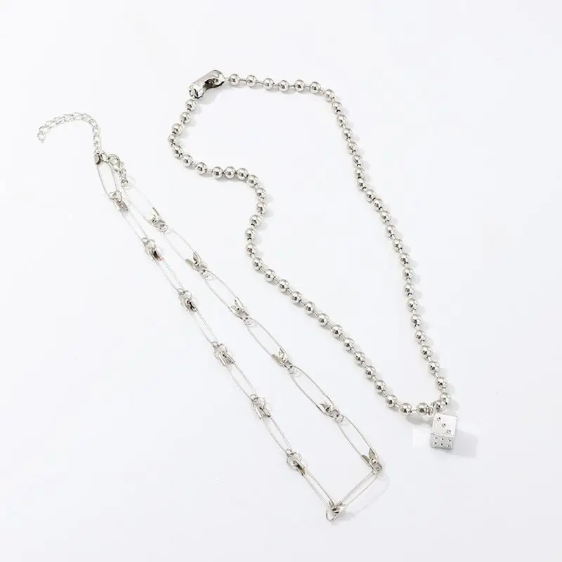 

2Pc Lucky Digital Dice Pendant Necklace Women Personalized Safety Pin Link Chain Silver Necklace Game Dice Jewerly Gifts E15E