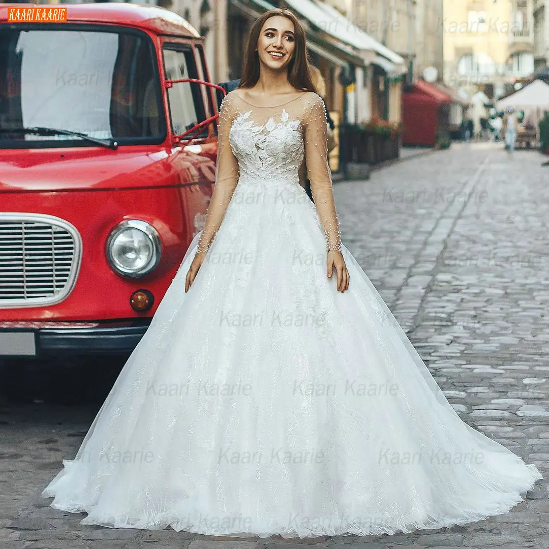 

White Wedding Dress Long Sleeves 2021 robe de mariée princesse Tulle Appliqued Beading Bridal Dresses Backless vestido de novia