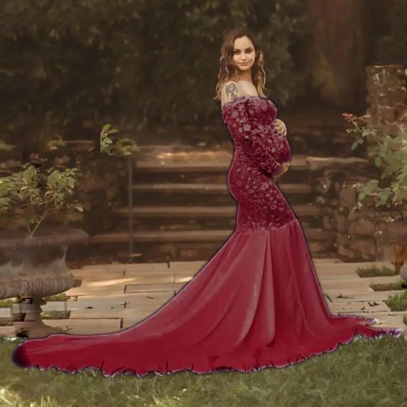 Шифоновое платье-макси для беременных с V-образным вырезом и длинными рукавами |