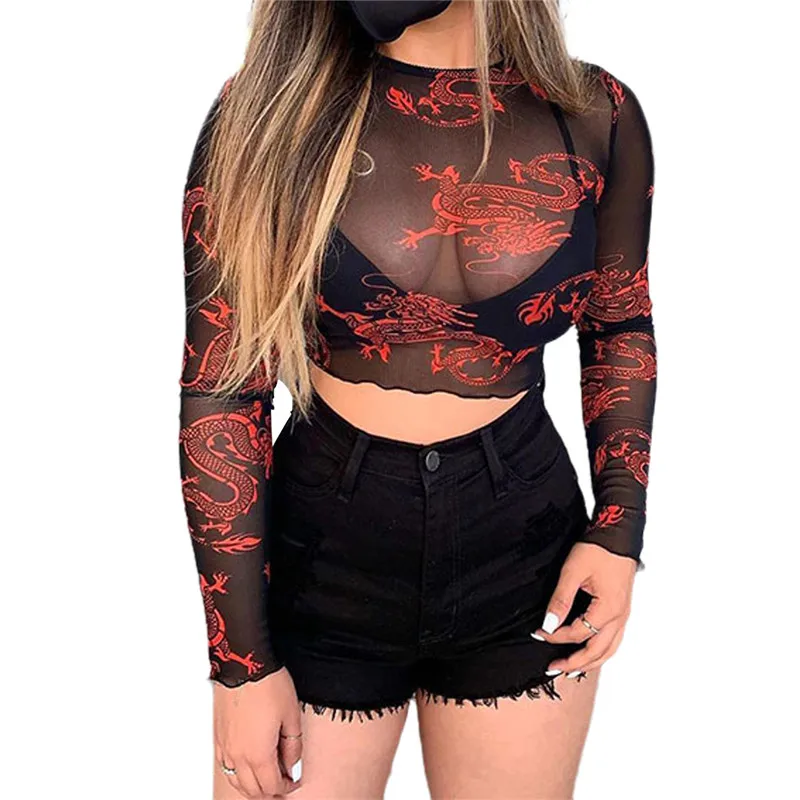 Новые женские модные прозрачные футболки повседневные сетчатые с круглым