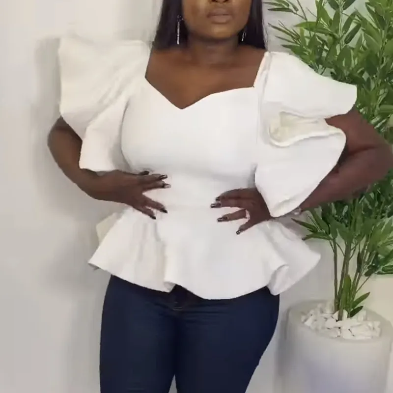 

Женская белая блузка, топы с оборками на рукавах, для вечеринки, ночного клуба, свидания, модная одежда, женские весенне-летние рубашки 2021, эл...