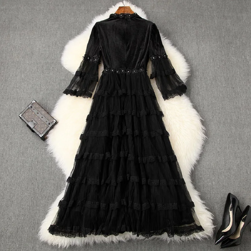 

2020 NEW High quality Lace Velvet gauze party dress Women Clothing lady Flower Dress black Vintage autumn long Club cake dresses