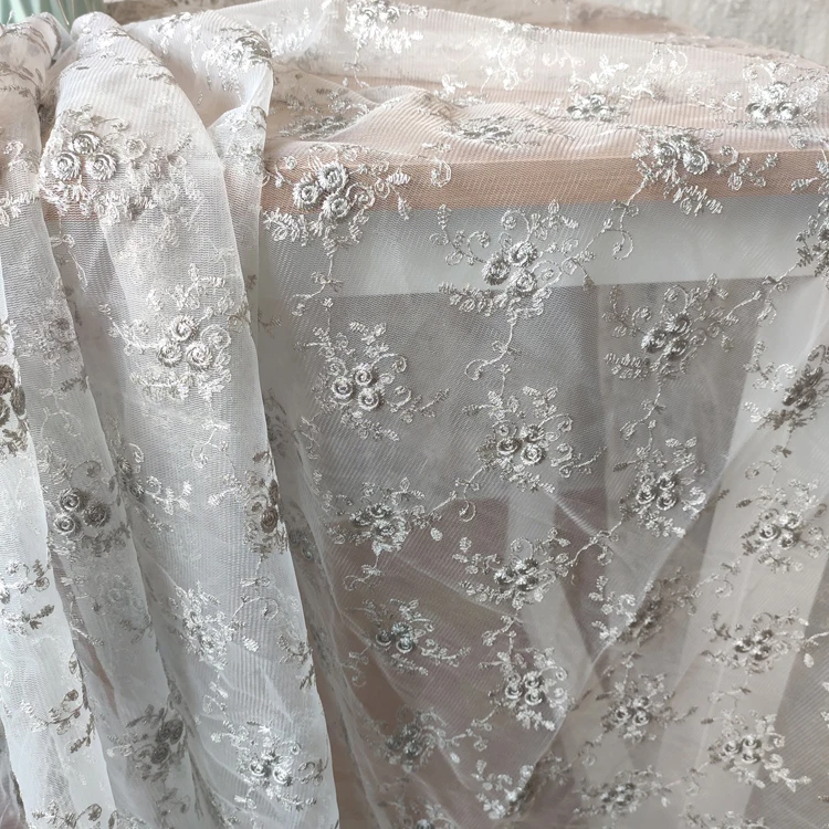 Качественная кружевная ткань маленькая серая Цветочная вышивка шитье высшее