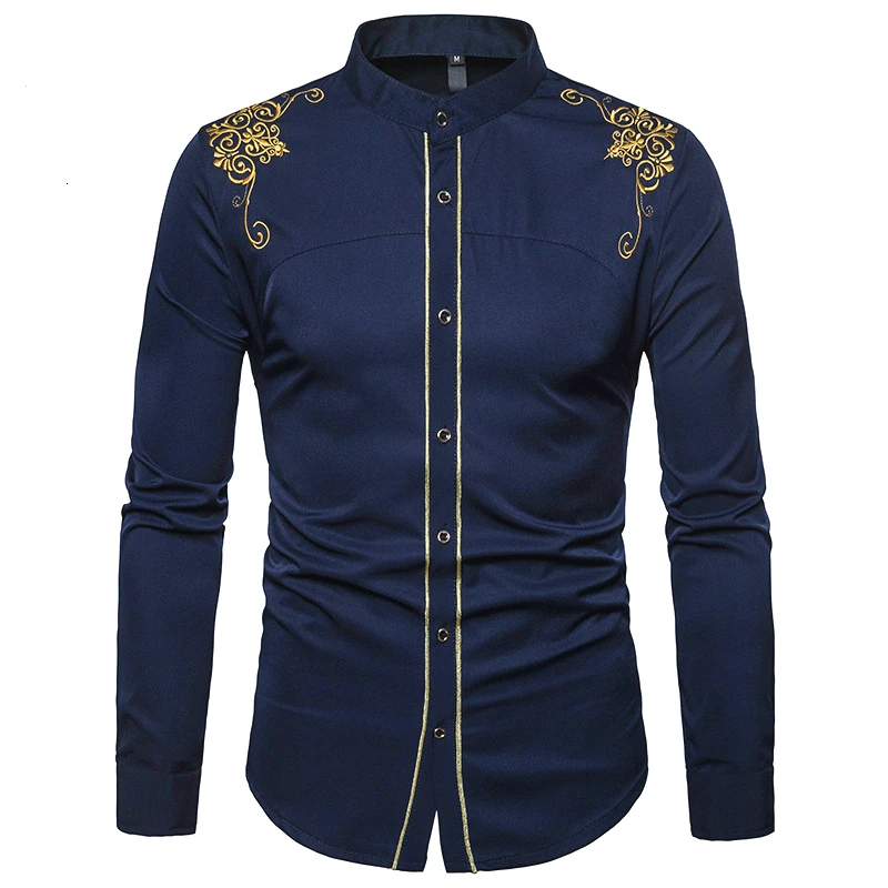 

Men Fashion Shirts Palace Embroidery Long Sleeve Muslim Tops Shirt Saudi Arabic Blouse Men Autumn Clothing Islamic Black Casual