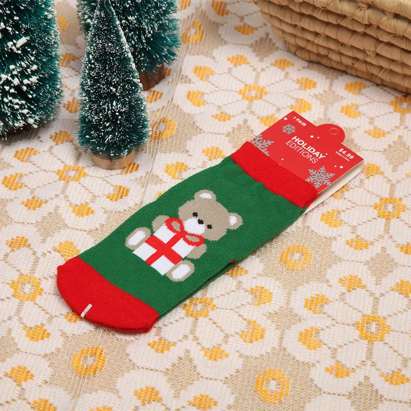 Calcetines de algod&oacute;n para ni&ntilde;os y ni&ntilde;as, medias de felpa con dise&ntilde;o de copo de nieve, alce, Pap&aacute; Noel, oso de Navidad, regalo, 1 par-5