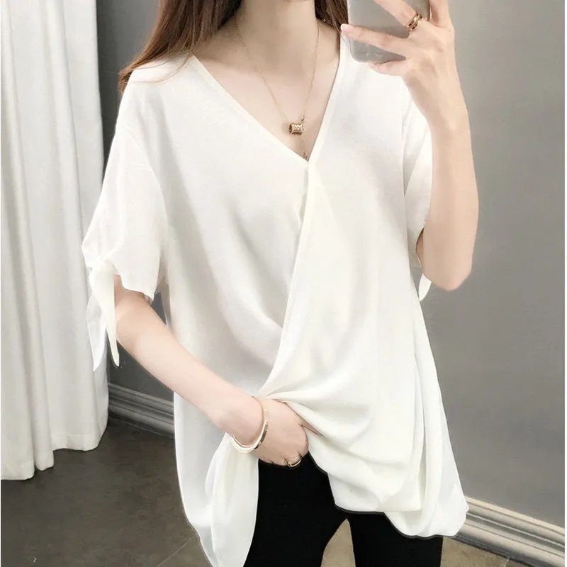 

Large size women's slimming chiffon shirt short sleeve summer new fat mm solid color careful machine shirt age reduction shirt