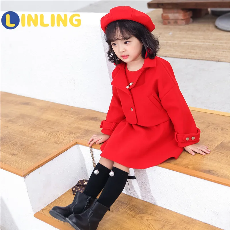 

LINLING Children's Clothing Spring 2021 Korean Version of Children's Suit Low Vest Skirt Jacket Woolen Three-piece Hat V709