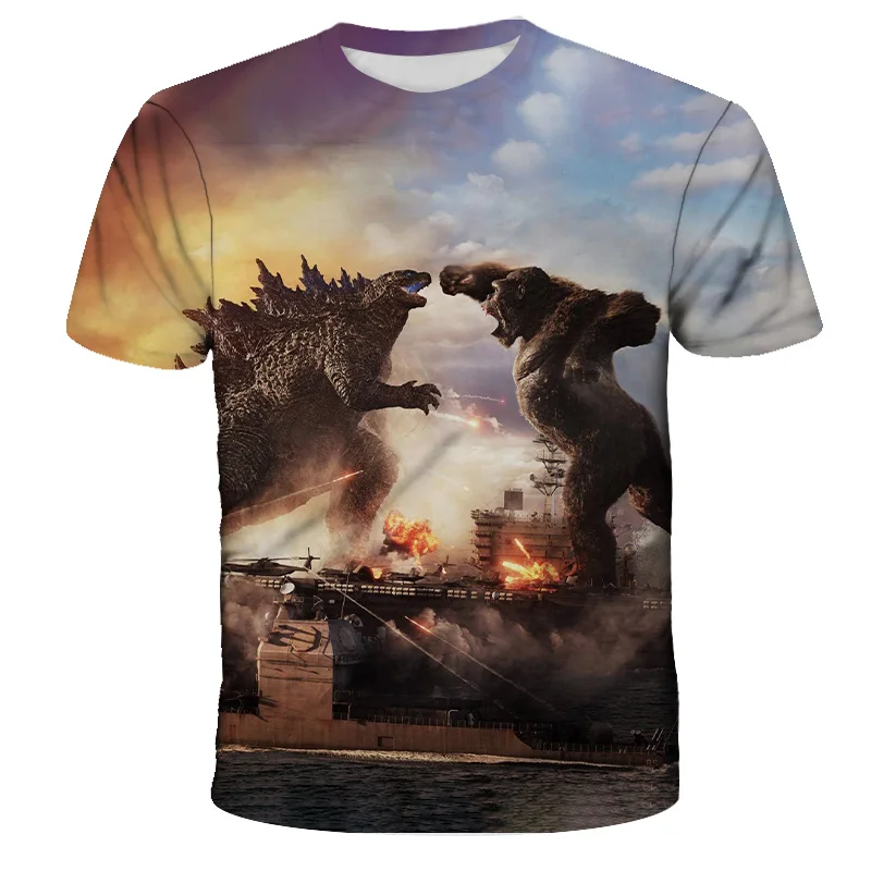 

2021 New Godzilla-vs-King Kong Summer Childrens T-shirt Boys Girls T-shirt 3D Print Interesting Short Sleeve Clothes 4-14Y