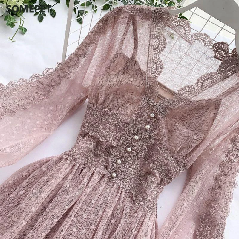 

Spring Autumn New Elegant Slim v-neck Mesh Dress Women Sweet Hollow Out Lace Dress High Waist Two Peices Women's Sets