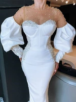 elegant white evening dresses long sleeves pearls custom made beaded arabic formal dresses 2021 dubai long prom party gowns
