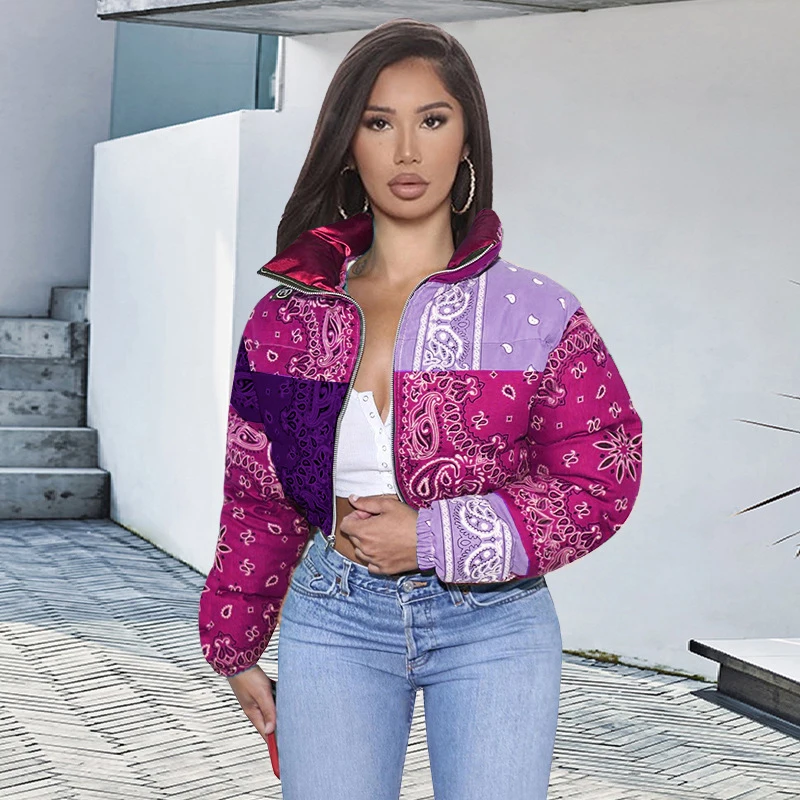 Bandana Coat Paisley Printed Bubble Jackets For Women 2020 Winter Fashion Warm Parkas Casual Zipper Up Puffer Outerwear S-XXL