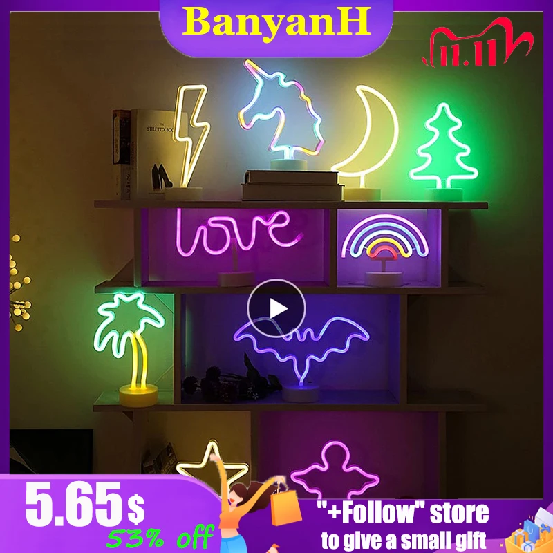 

Night Light Rainbow Star Neon Signs Light AA Battery Flamingo Unicorn Wedding Bar Shop Window Room Home Decor Bulb Table Lamp