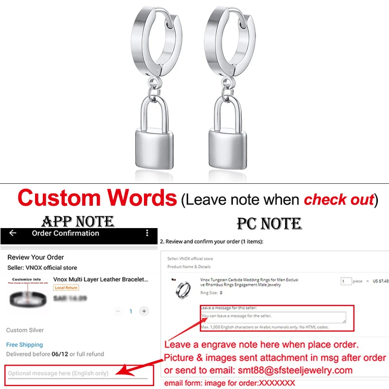 Custom ED-364S-S Vnox персонализированные серьги Huggie с первоначальным замком для женщин, висячие серьги из нержавеющей стали, Заказные ювелирные изделия с надписью Sister Candid - Окраска металла: Custom ED-364S-S