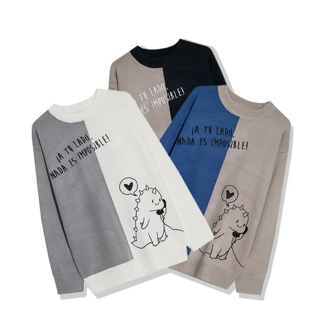 

New cartoon dinosaur 2021 fashion Korean edition color matching crew-neck sweater lazy wind loose lovers knitwear men and women