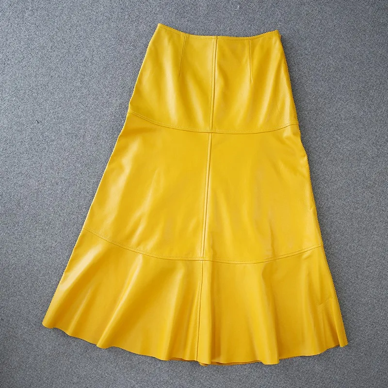 

High Elegant Ladies Waist Ankle Length Long Skirt New Yellow Women Autumn Slim Fit Party Sheepskin Genuine Leather Flared Skirts