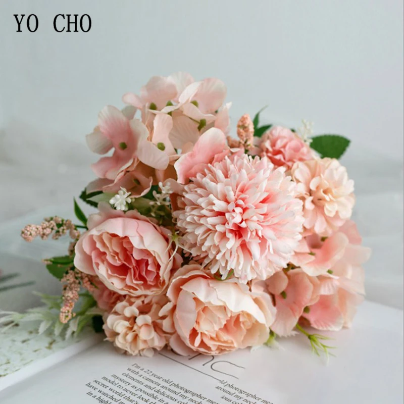 peony-pink Йо Чо Свадебный букет Искусственный шелк розовый цветок пиона невесты букет розовая Гортензия помпон бутон ванильный Спайк свадебные принадлежности - Цвет: peony-pink