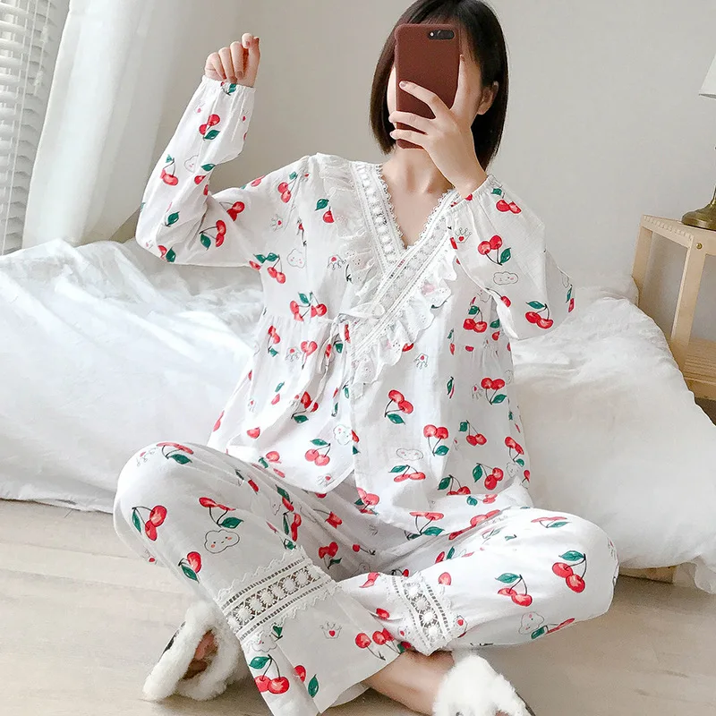 Хлопковые газовые ночные рубашки для кормящих и беременных с длинными рукавами