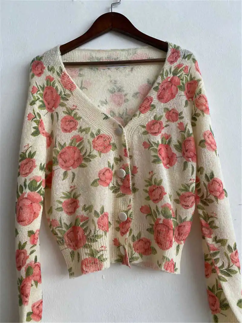 

Warm Rose Floral Print Knit Cardigan Wool V-neck Long Sleeves Fashion Sweaters Front Buttons