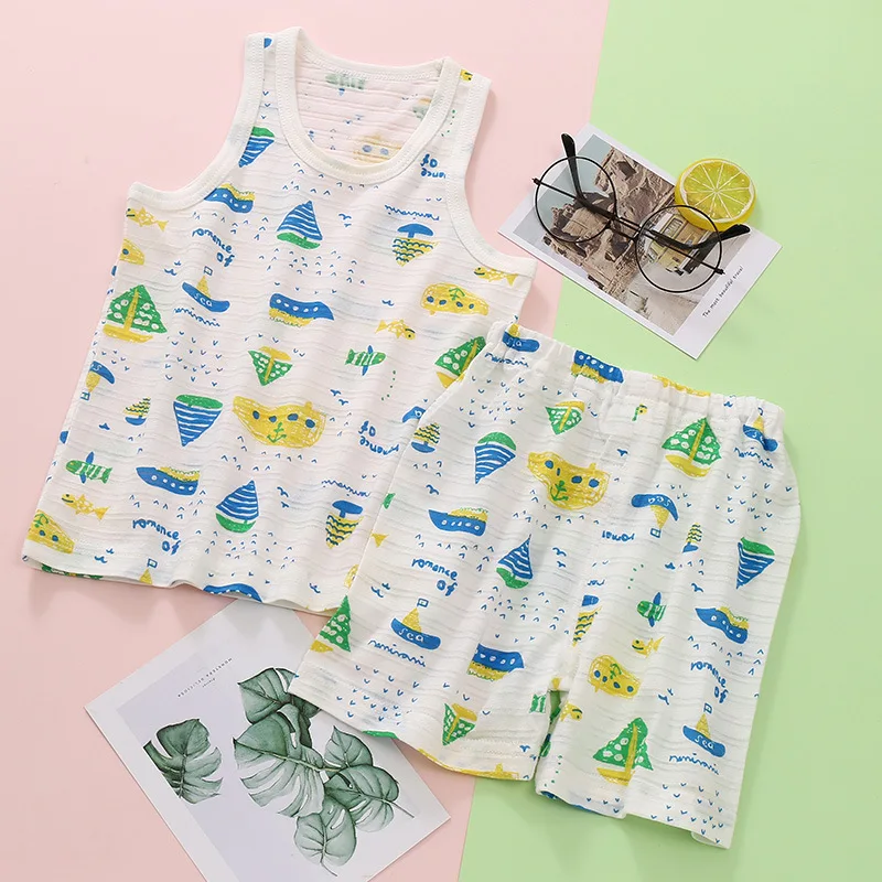 

2PCS/set Kids Sleeveless Clothing Unisex Children Cotton Summer Wear Toddler Cartoon Top Pants Baby Boy Girls Clothes New