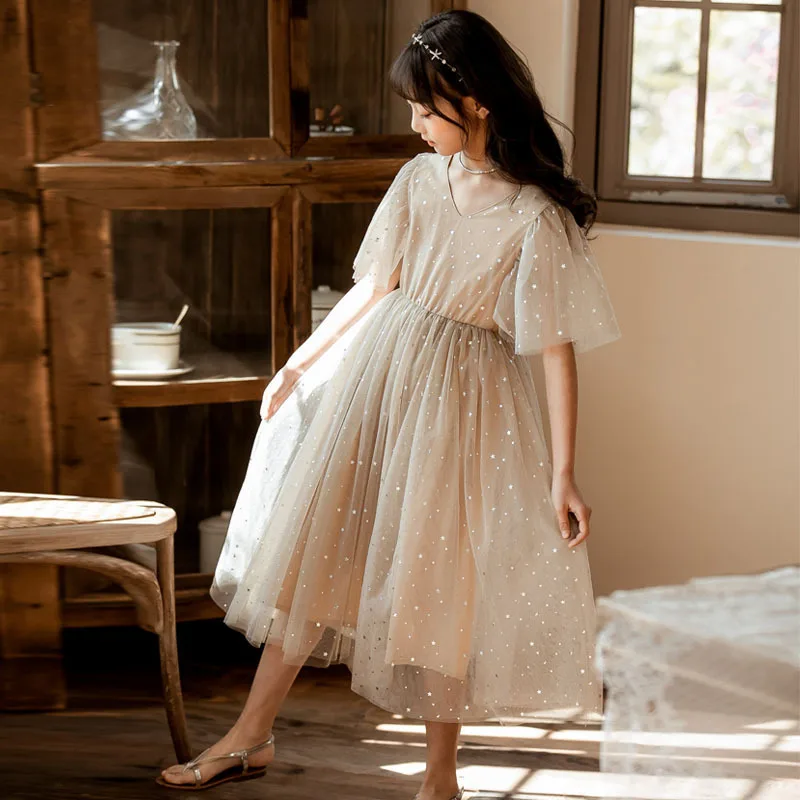 Платье для девочек-подростков длинное повседневное с V-образным вырезом белого