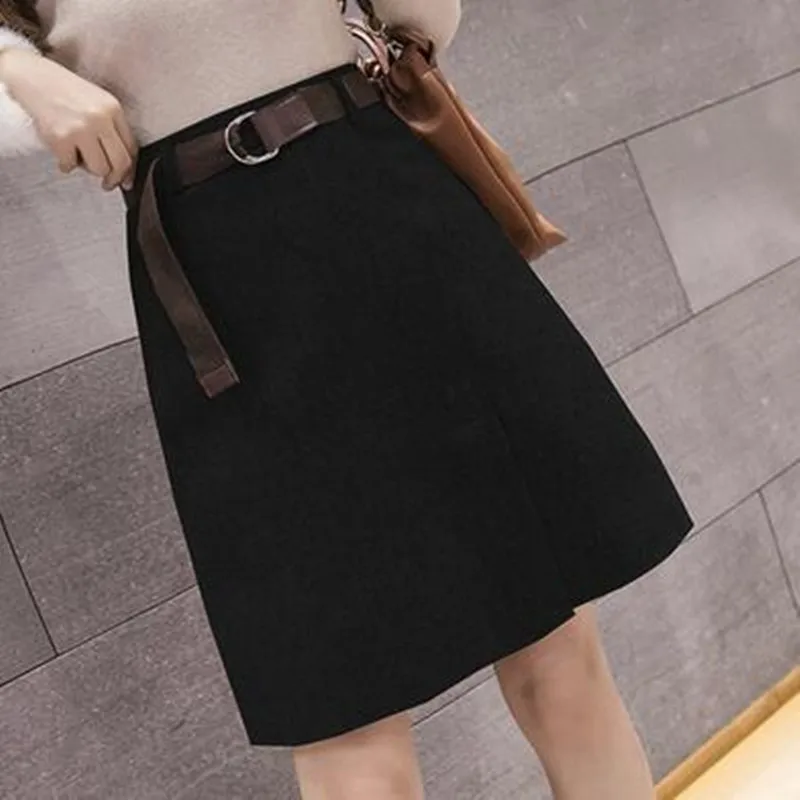 

Autumn Winter Woolen Skirts Women Vintage Elegant OL A-Line Skirt Solid Casual Knee-Length Skirt Femme Empire Slim Skirts J845