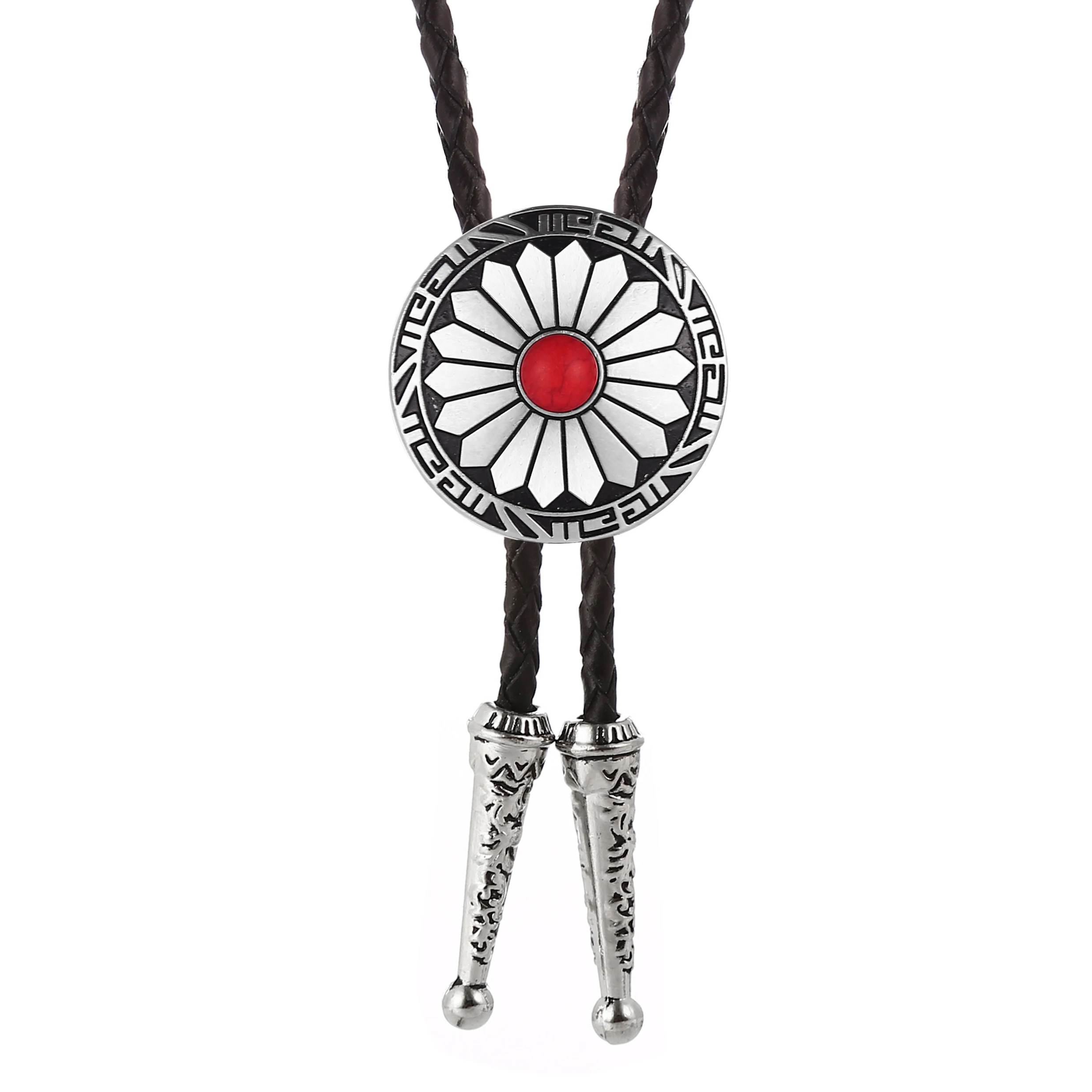 

American original Indian retro pattern pine stone zinc alloy leather bolo tie for men and women fashion wedding novelty gift