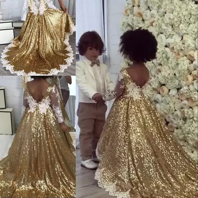 

Blingbling Gold Sequins Flower Girl Dresses Lace Appliques Long Sleeve Girls Pageant Dress for Child Birthday Dresses Jewel Neck