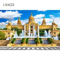 laeacco blue sky white clouds gold castle fountain trees stairs photography backdrops photographic backgrounds for photo studio