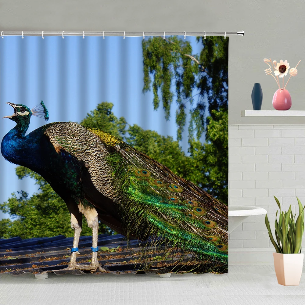 

Animal Peacocks Shower Curtain Grass Flower Blue Sky Background Bathroom Accessories Waterproof Polyester Fabric With Hook Suit
