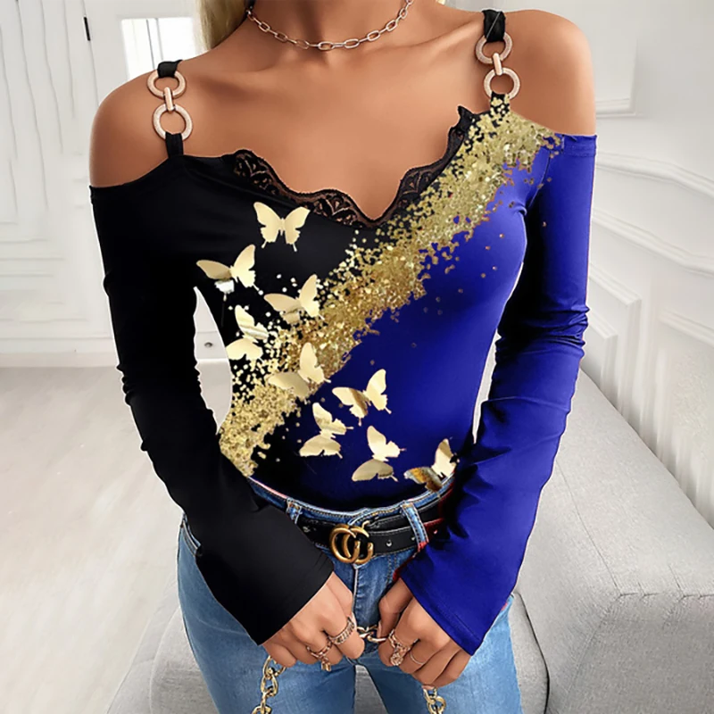 

2021 Autumn Streetwear Bronzing Butterfly Print Blouses Women Clothing Plus Size Vintage Tops Ladies Long Sleeve Casual T-Shirts