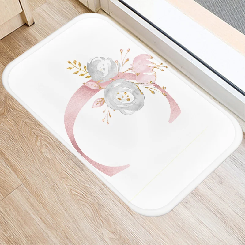 

Pink Flower Letter Pattern 40*60 Kitchen Entrance Door Mat Coral Velvet Carpet Rubber Indoor Floor Mats Non-Anti-Slip Rug 48078