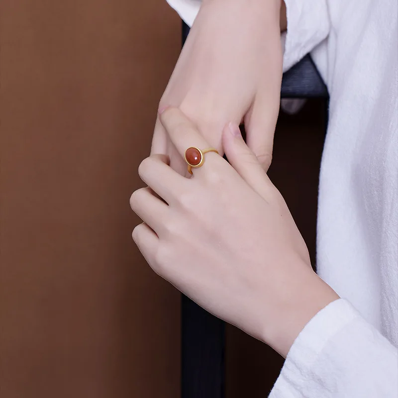 

Bague Ringen S925 Ring for Women Pure Solid Silver 925 Jewelry Natural Gemstone Red Agate Gold plated Resizable Anniversary Gift