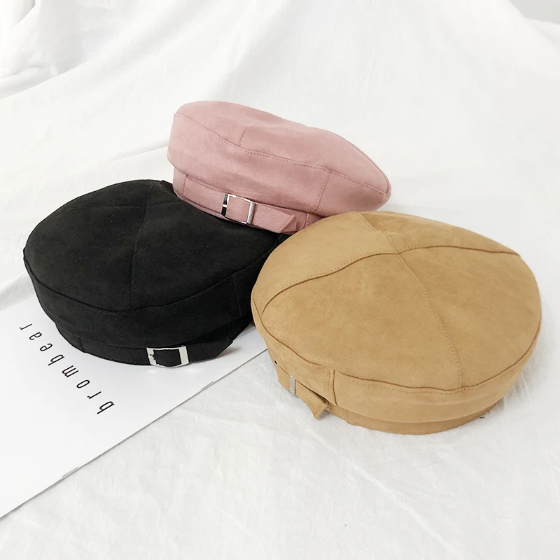 Temperament vintage leather buckle PU leather Beret women's autumn and winter fashion easy match flat top painter cap