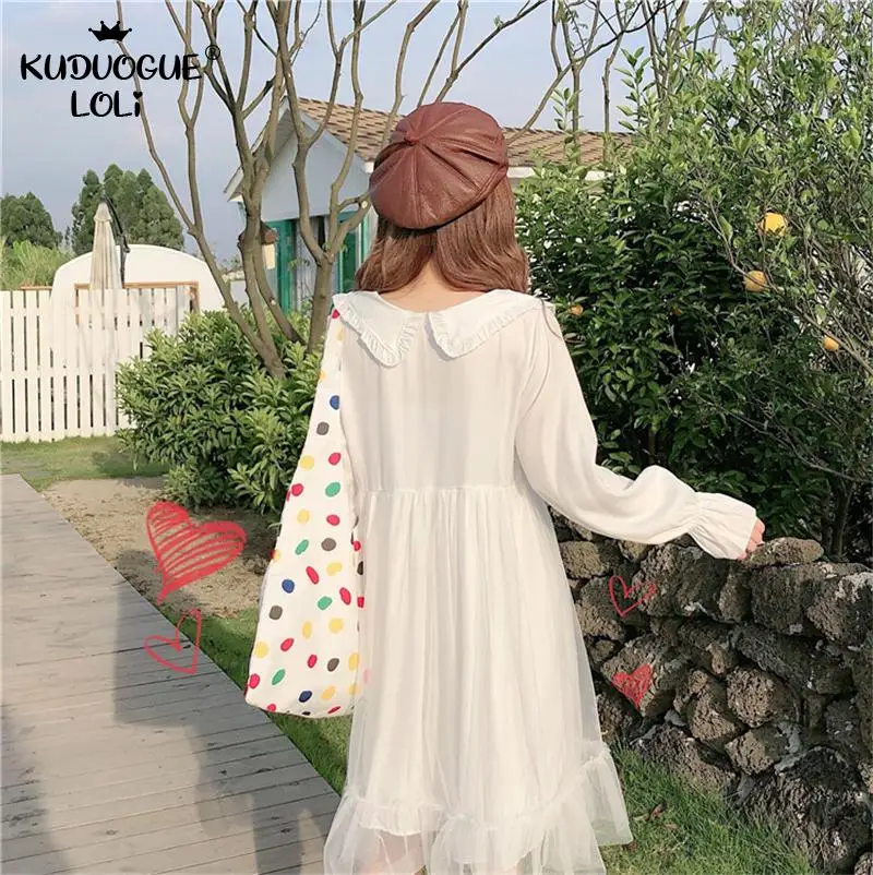 Японское милое белое платье для куклы с воротником длинным рукавом вышивкой в