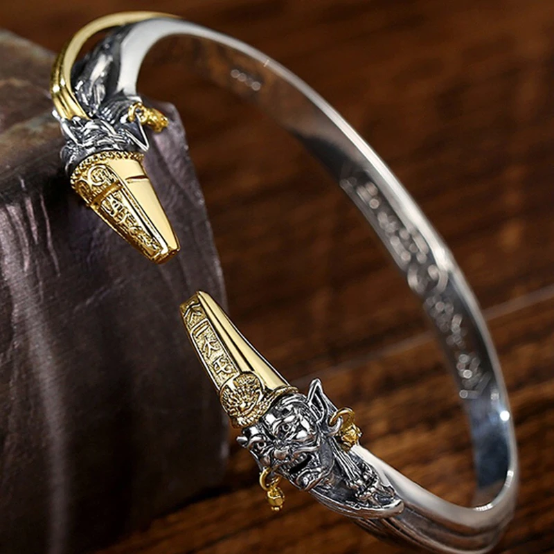 

Мужской властный ретро браслет ручной работы, черно-белый непостоянный серебряный браслет