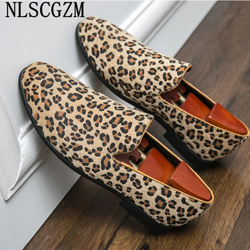 Туфли-оксфорды мужские с мехом классические леопардовые лоферы без застежки для