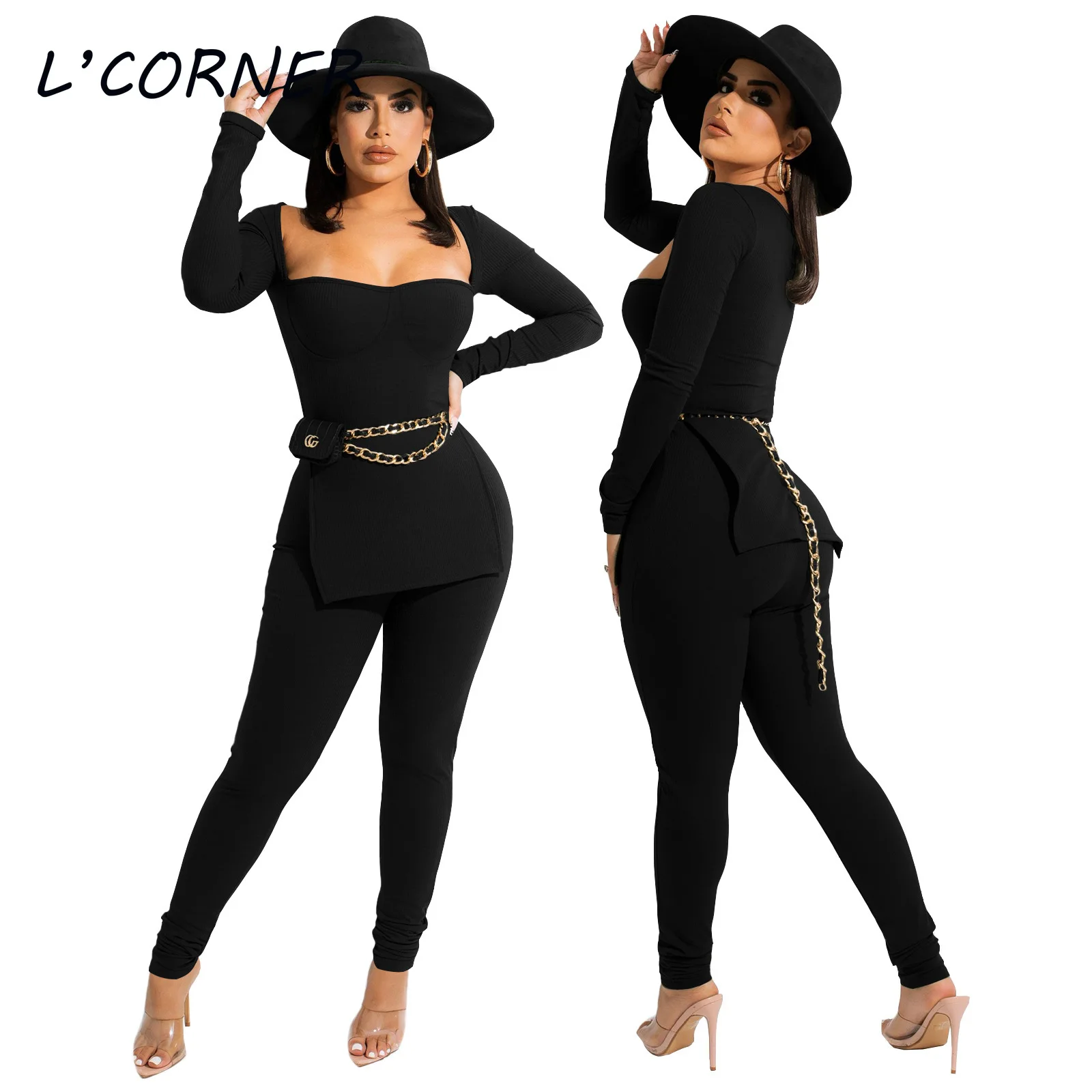 Women OutfitsTwo Piece Sets Sexy Square Neck Knitted Split Hem Sweater +pencil Pants 2pcs Office Lady Suits |