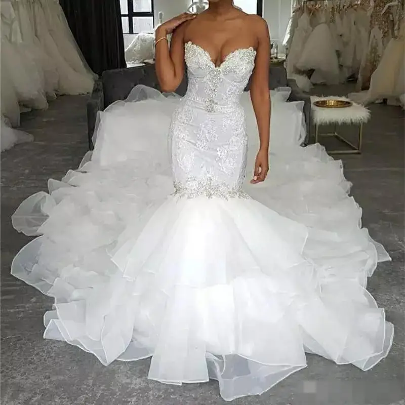 

Luxury Design Long Trail Mermaid Wedding Dresses Sweetheart Beading Lace Tiered Ruffles Organza Bridal Gown Customize Plus