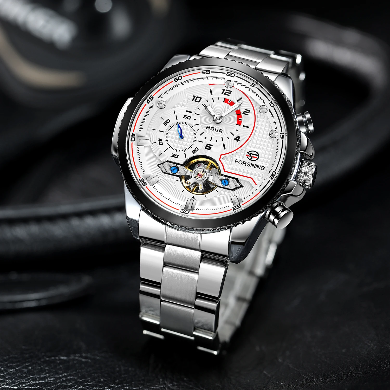 

ForsiningMoon Phase Skeleton Watches Mens Top Brand Luxury Tourbillon Mechanical Automatic Sports Transparent Reloj Hombre Male