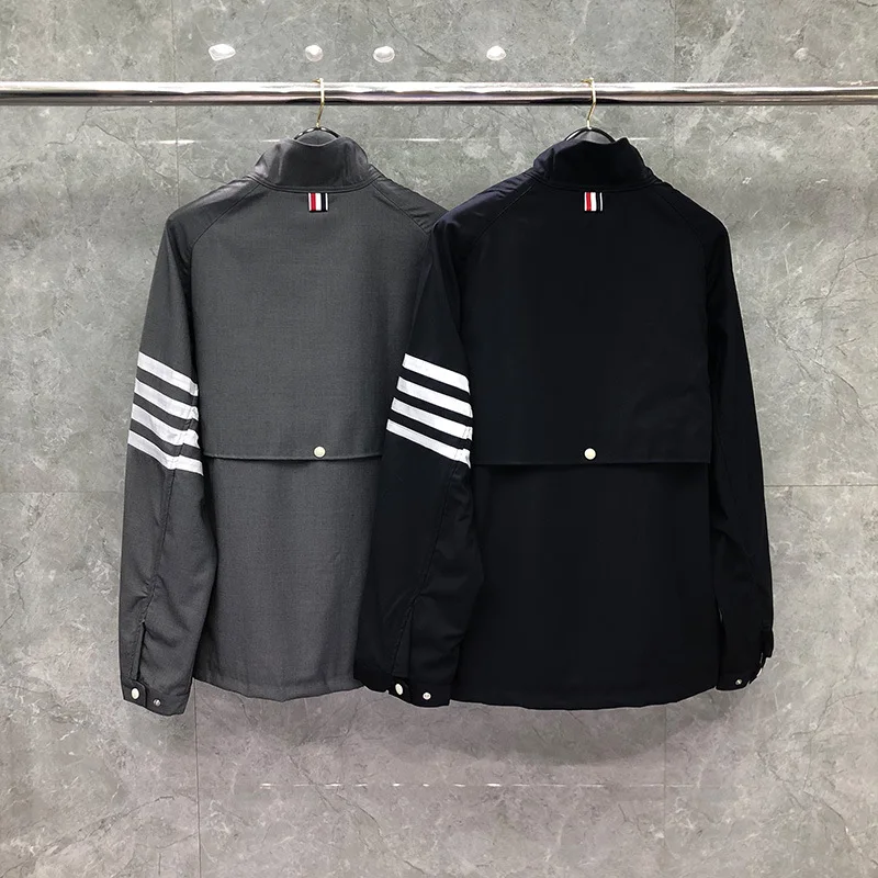 

TB 2021 Fashion THOM Brand Jacket Men Zipper Cardigans Clothing Spring Autumn Stand Collar Striped Loose Wool Cotton Casual Coat