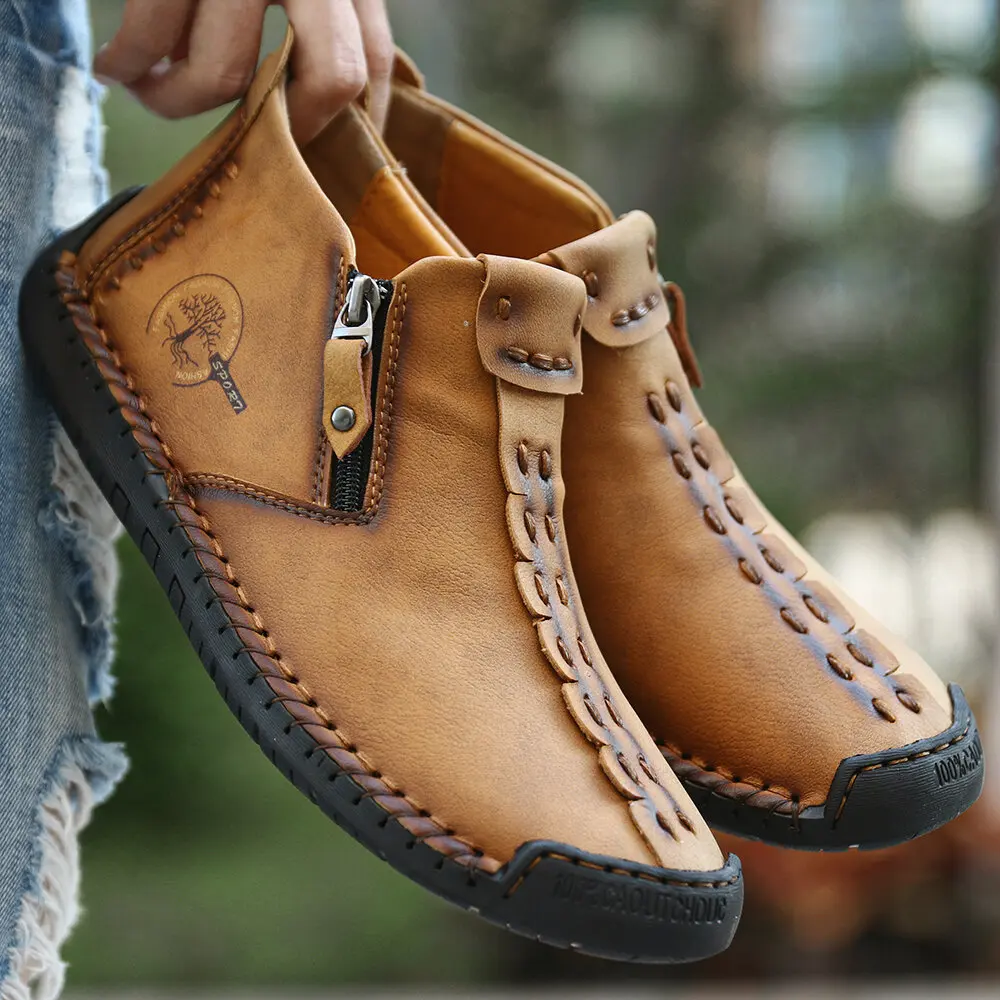 

Men Boots Genuine Leather Combat Bottines Comfortable Casual High Top Platform Sneakers Work Safety Sewing Thread Walking Shoes
