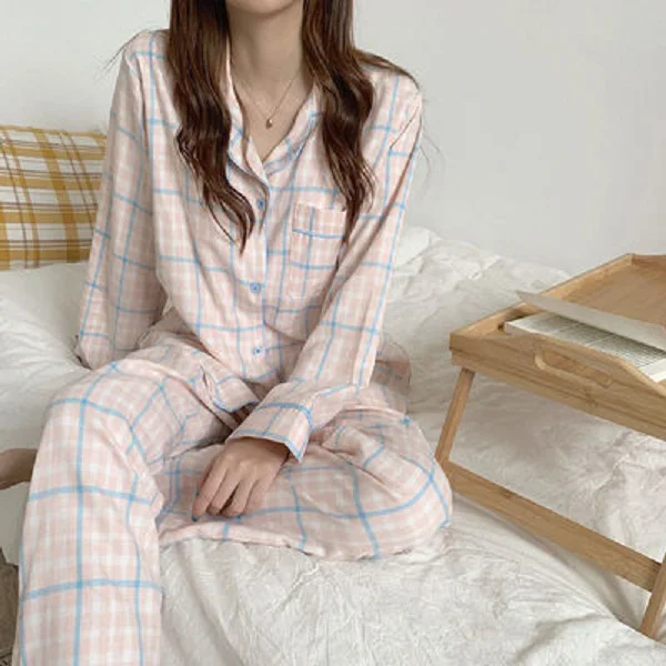 

YRRFUOT Plaid Pajamas Women Autumn Long-sleeved Sweet and Loose Ladies Casual Pajamas Loungewear Set Cardigan Women's Loungewear