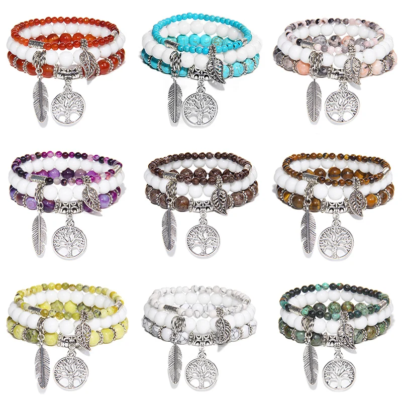 

Multi-layer Natural Stone Beads Charm Bracelet Women Men Round Turquoises Agates Feather Tree of Life Pendant Bracelet Jewelry