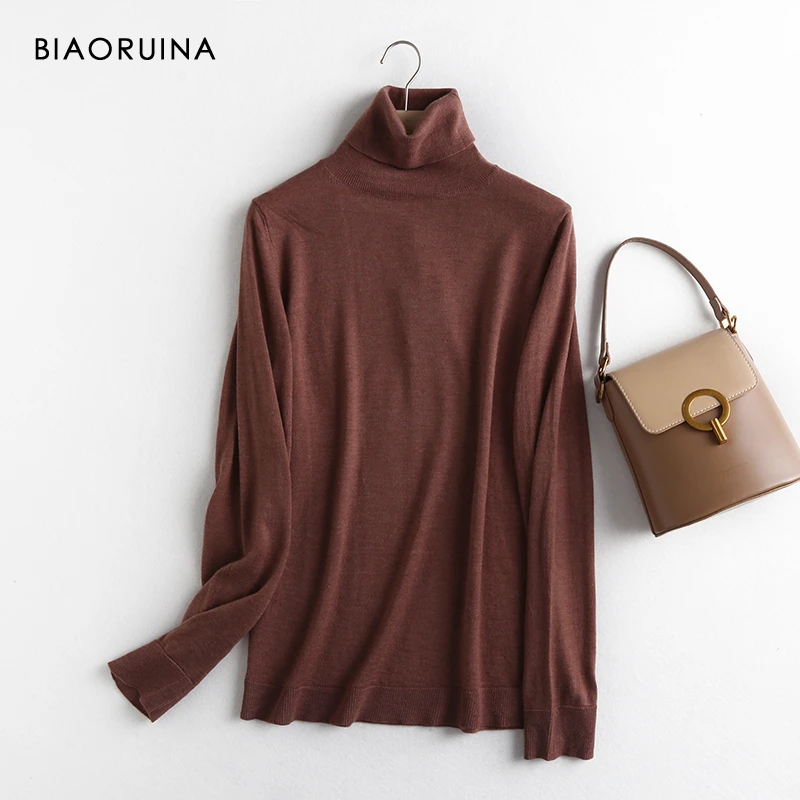 

BIAORUINA Women's Minimalist Solid Color Stretch Base Turtlenck Sweater Female Autumn Comfort All-match Thin Knitted Pullover