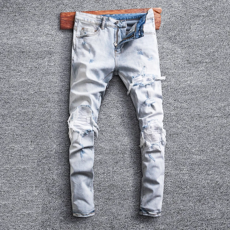 Street Style Fashion Men Jeans Retro Light Gray Blue Elastic Slim Fit Ripped Jeans Men Patchwork Designer Hip Hop Denim Pants