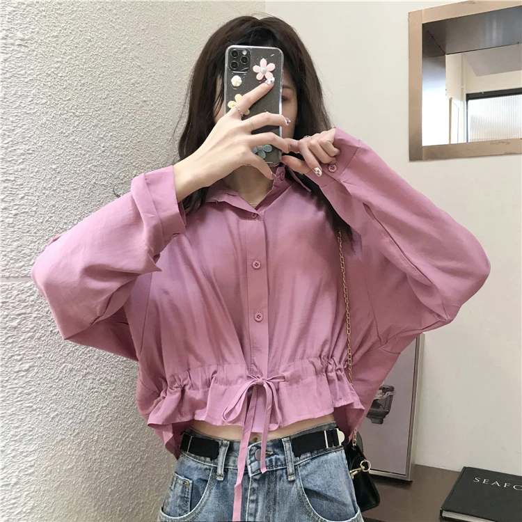

Women's Retro HongKong Style Solid Turn-down Collar Lace Up Hem Batwing Sleeves Loose Women Blouses Spring Autumn 2021