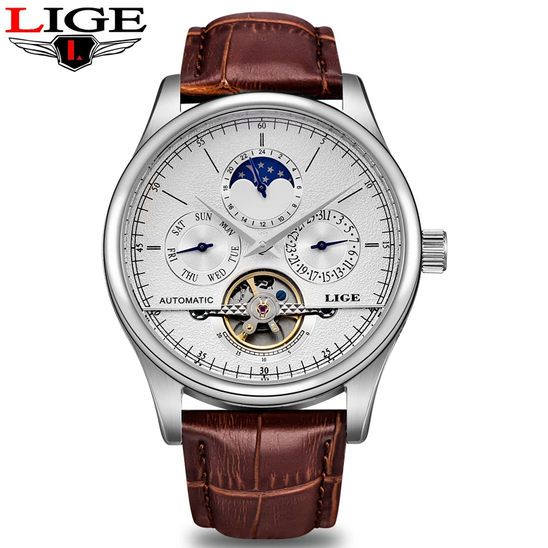 

LIGE NEW Mens Watches Top Brand Luxury Automatic Mechanical Watch Tourbillon Clock Man Leather Watch Strap Waterproof Wristwatch