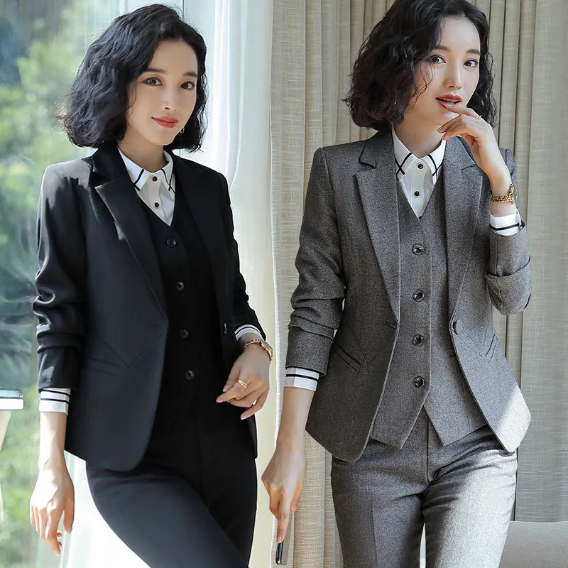IZICFLY Spring Autumn Style New Gray Trouser And Jacket Blazer Two Piece Set Women Work Wear Elegant Business Office Pant Suit